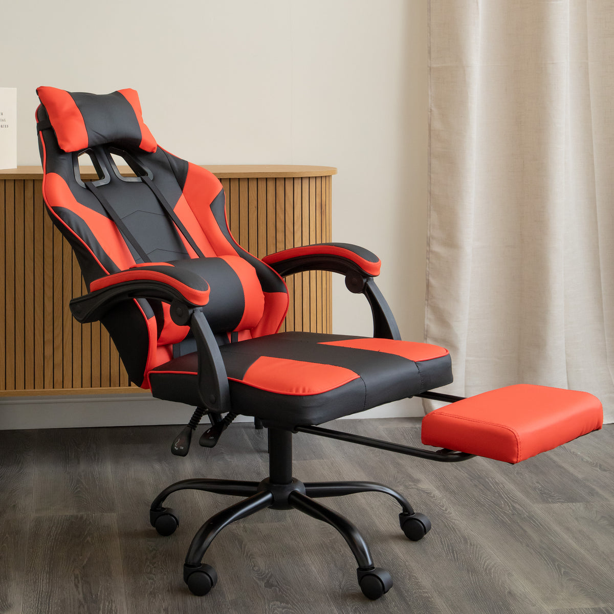 Ergonomic Gaming Chair with Footrest and Removable Pillows in Red