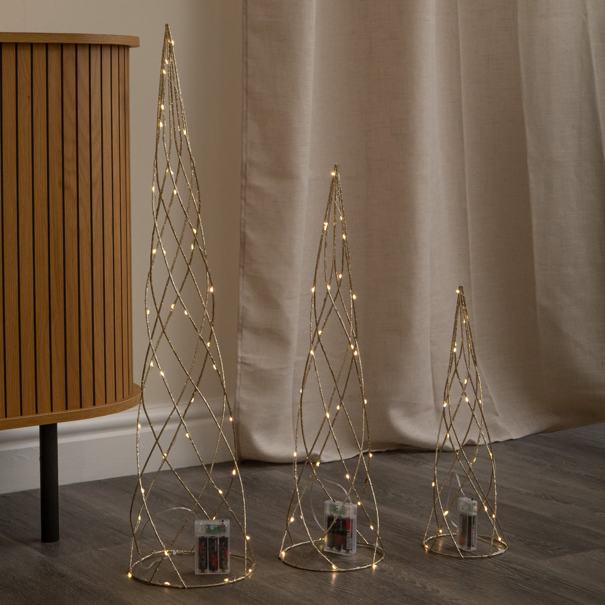 Set of 3 Light up Gold Spiral Christmas Tree Decoration with LEDs