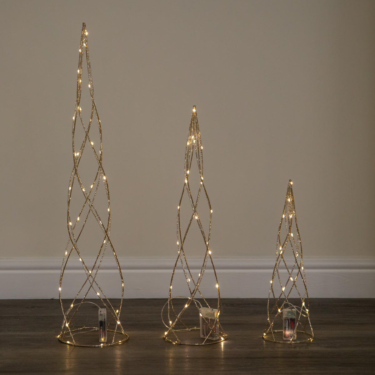 Set of 3 Light up Gold Spiral Christmas Tree Decoration with LEDs