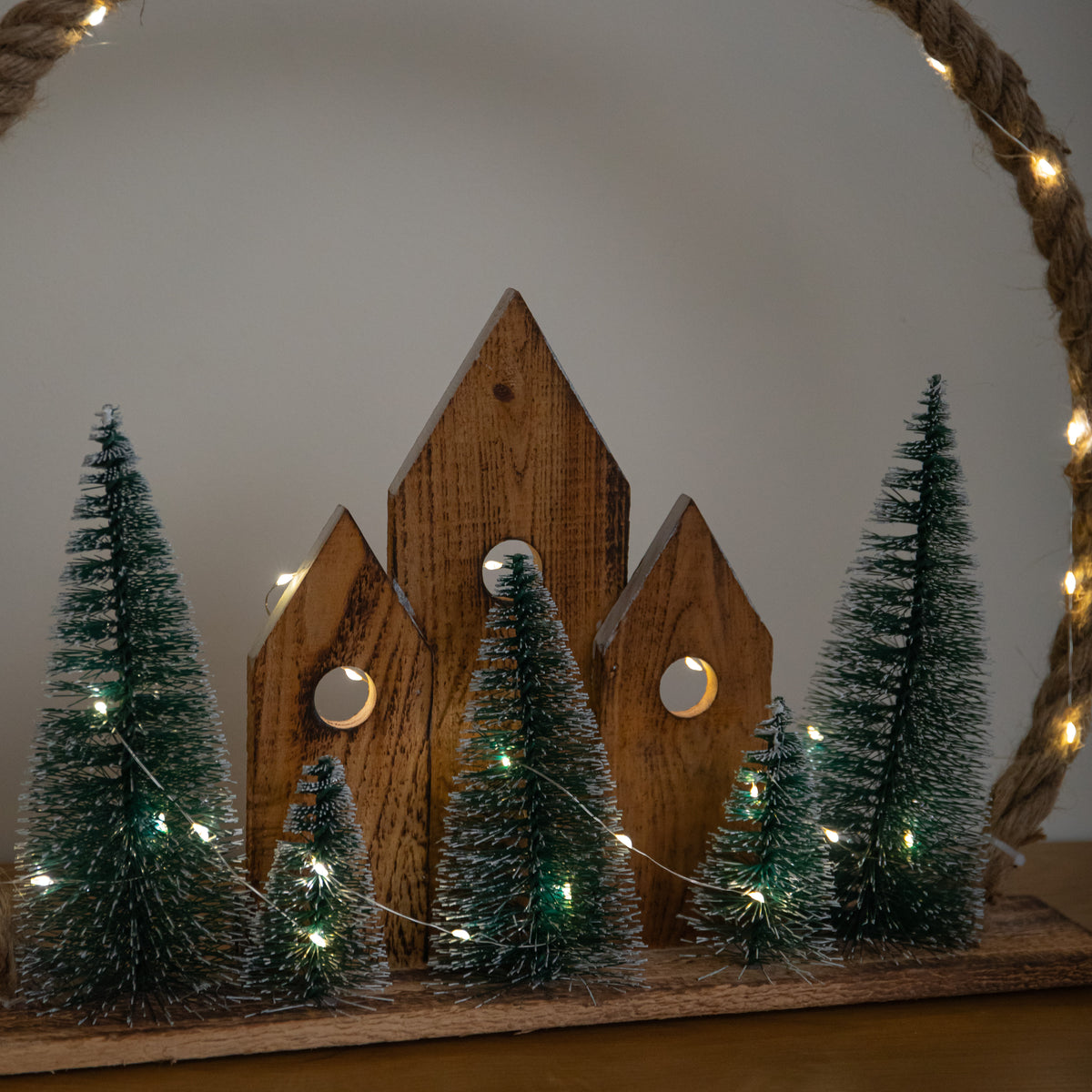38cm Christmas Village Wreath Lit Wooden Village Scene with Jute Rope