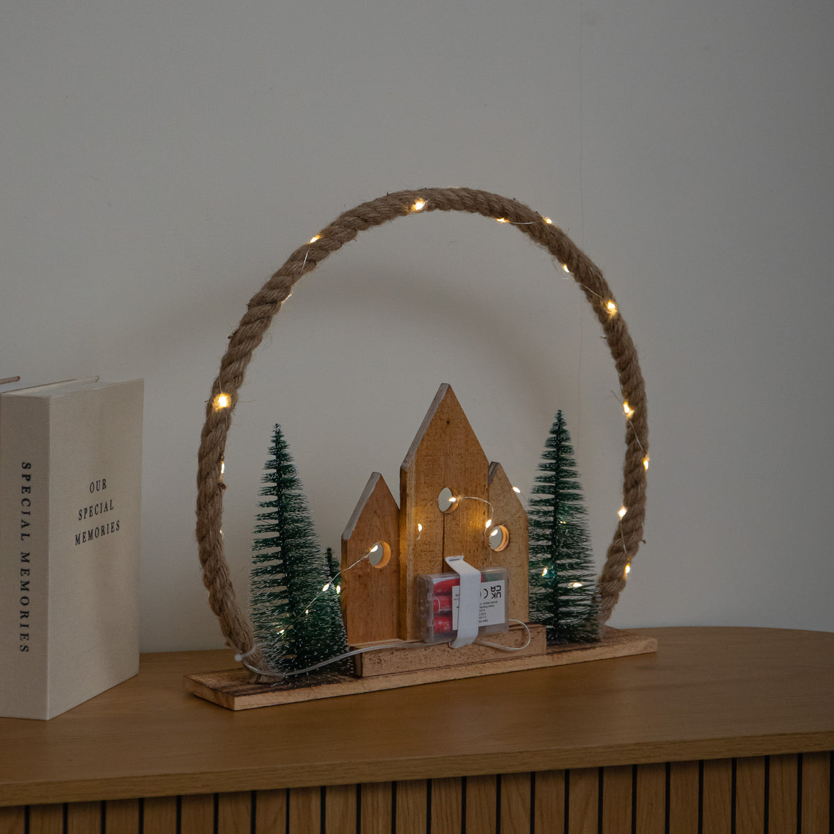 38cm Christmas Village Wreath Lit Wooden Village Scene with Jute Rope