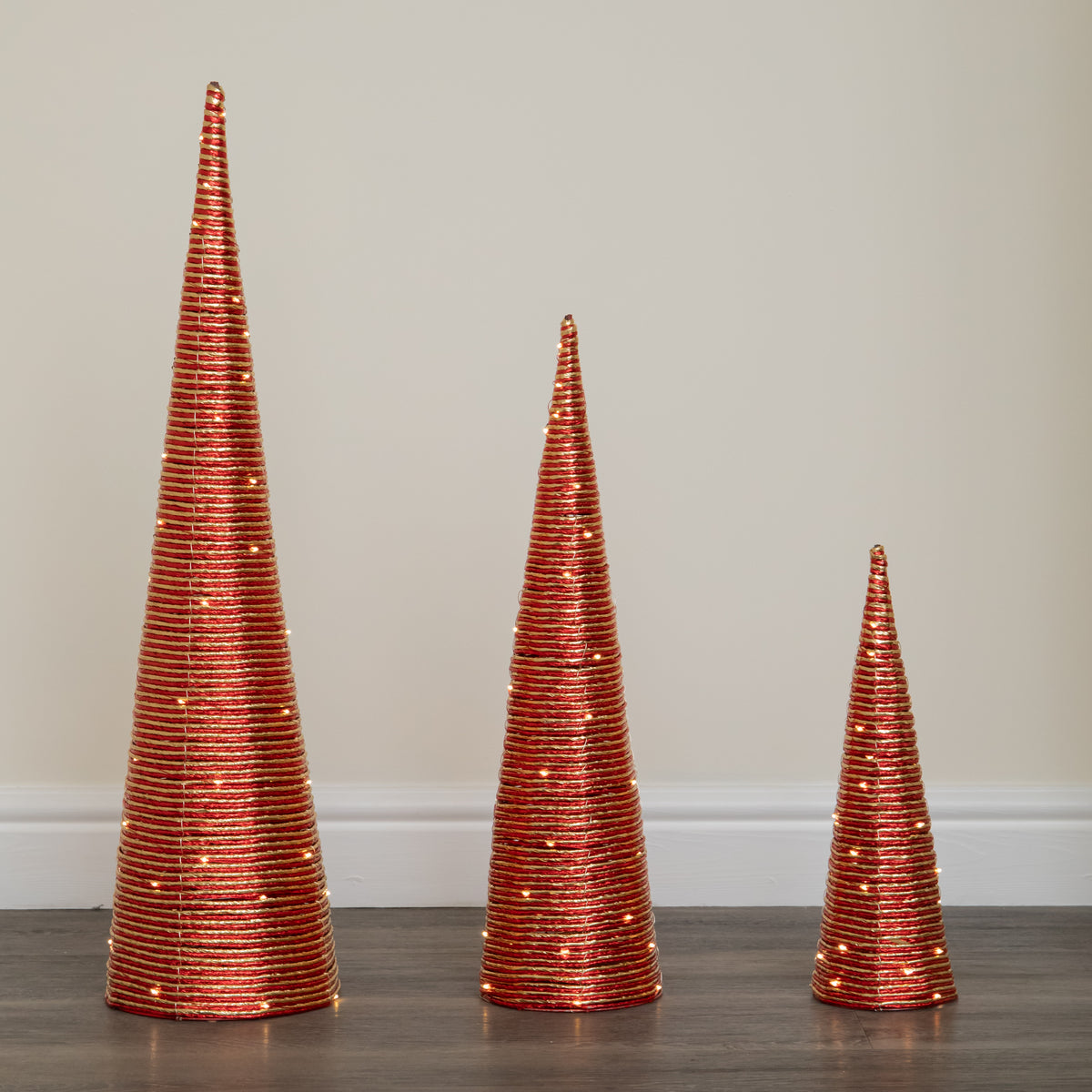 Set of 3 Light Up Christmas Cone Trees with Warm White LEDs & Timer