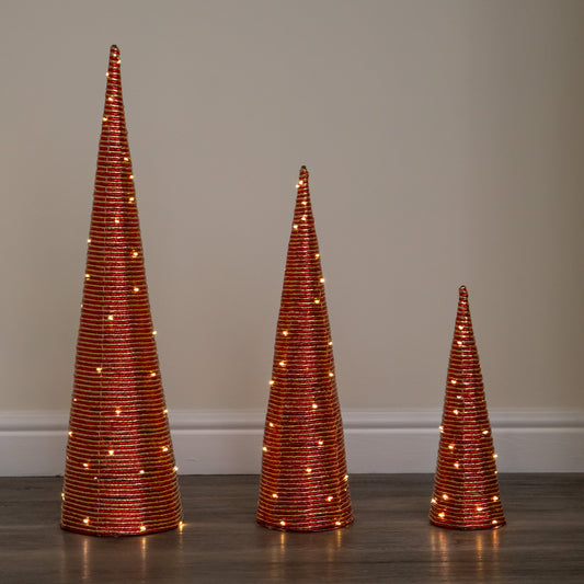 Set of 3 Light Up Christmas Cone Trees with Warm White LEDs & Timer