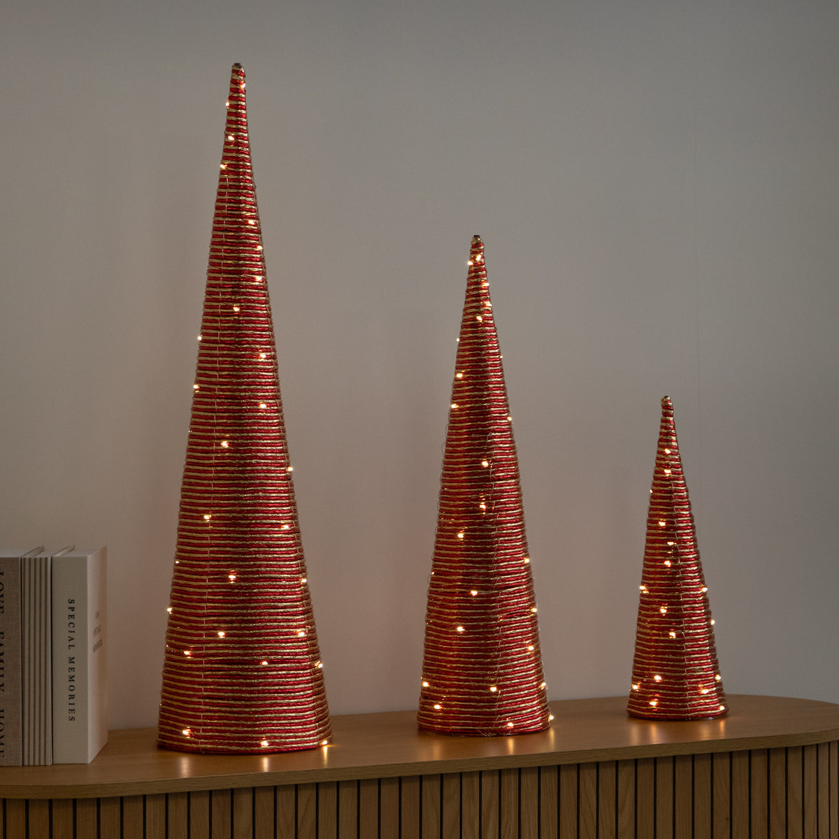Set of 3 Light Up Christmas Cone Trees with Warm White LEDs & Timer