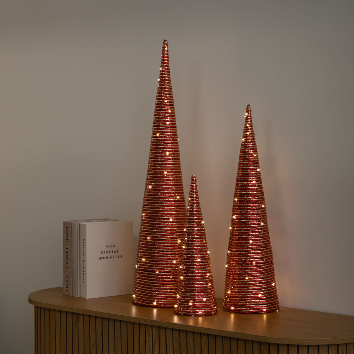 Set of 3 Light Up Christmas Cone Trees with Warm White LEDs & Timer