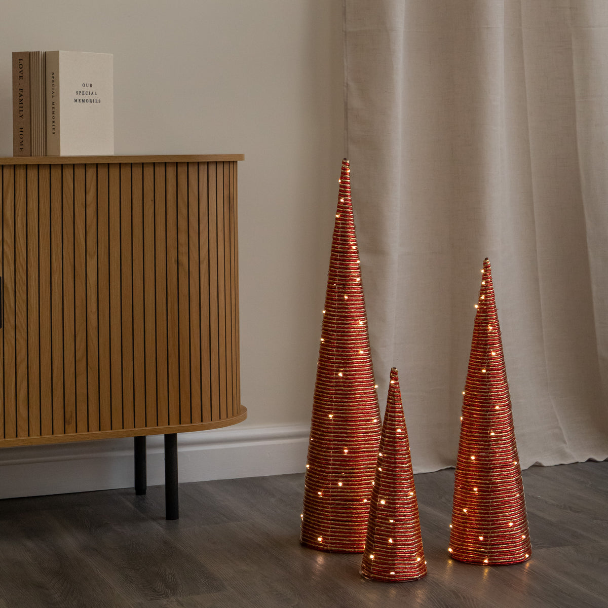 Set of 3 Light Up Christmas Cone Trees with Warm White LEDs & Timer