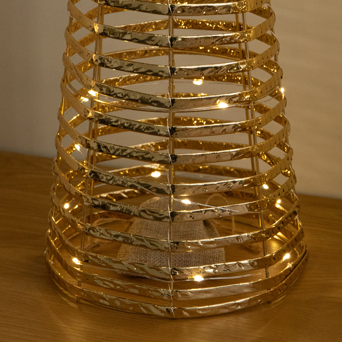 Set of 3 Light Up Gold Braid Christmas Cone Trees with Warm White LEDs
