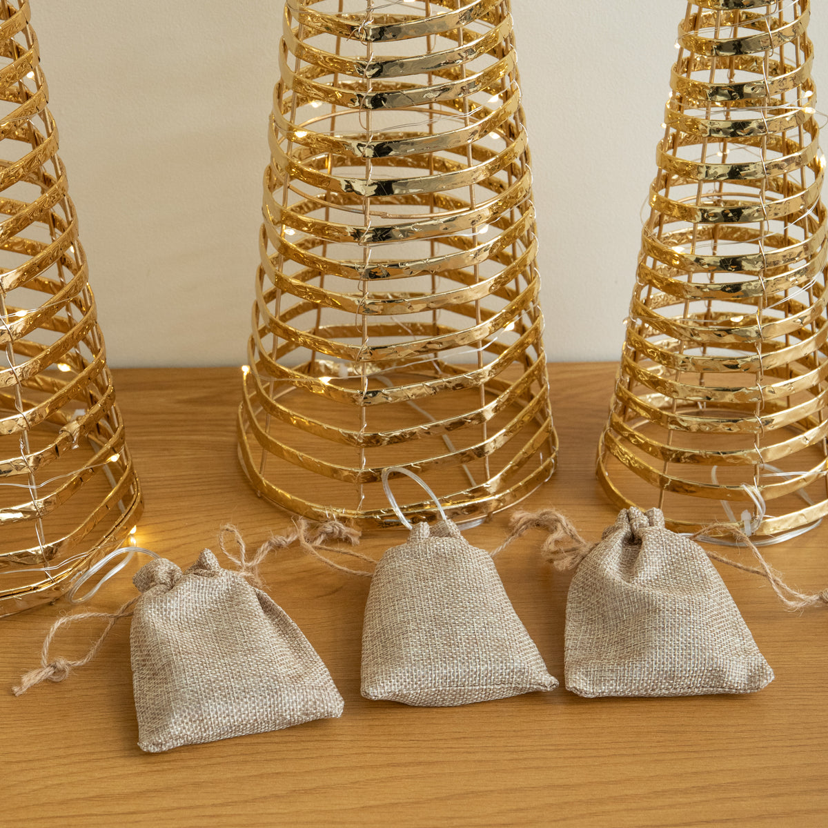 Set of 3 Light Up Gold Braid Christmas Cone Trees with Warm White LEDs