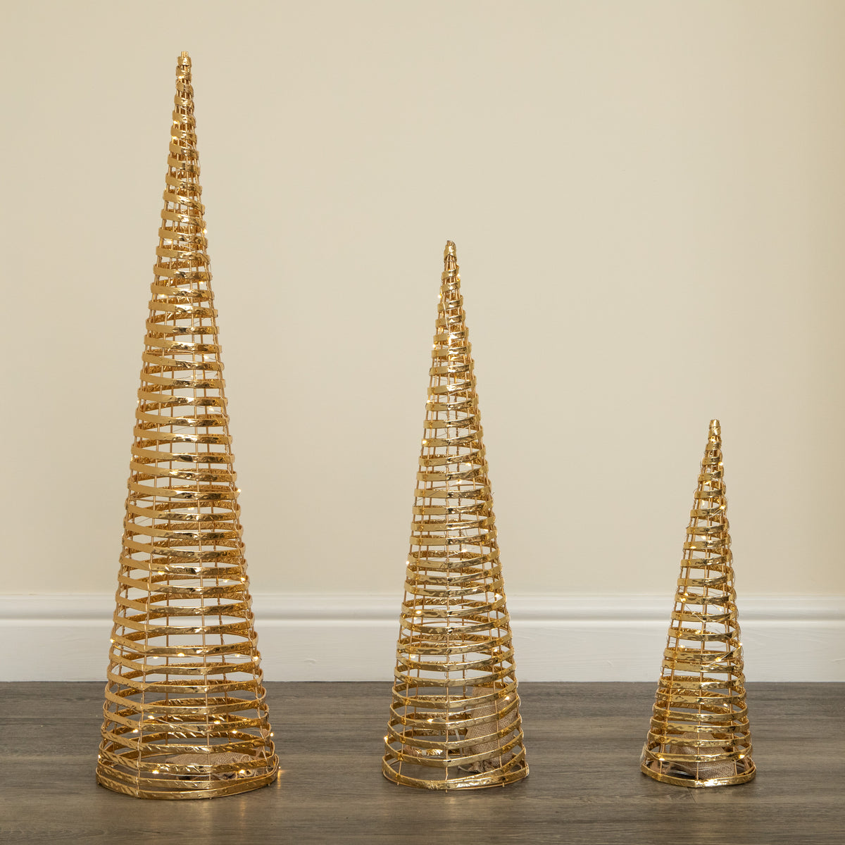 Set of 3 Light Up Gold Braid Christmas Cone Trees with Warm White LEDs