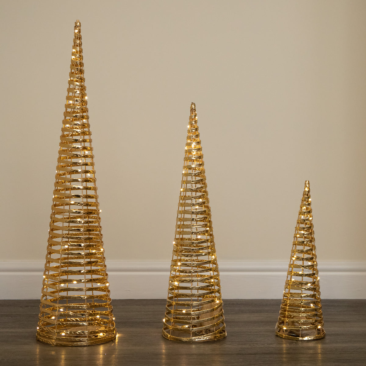 Set of 3 Light Up Gold Braid Christmas Cone Trees with Warm White LEDs