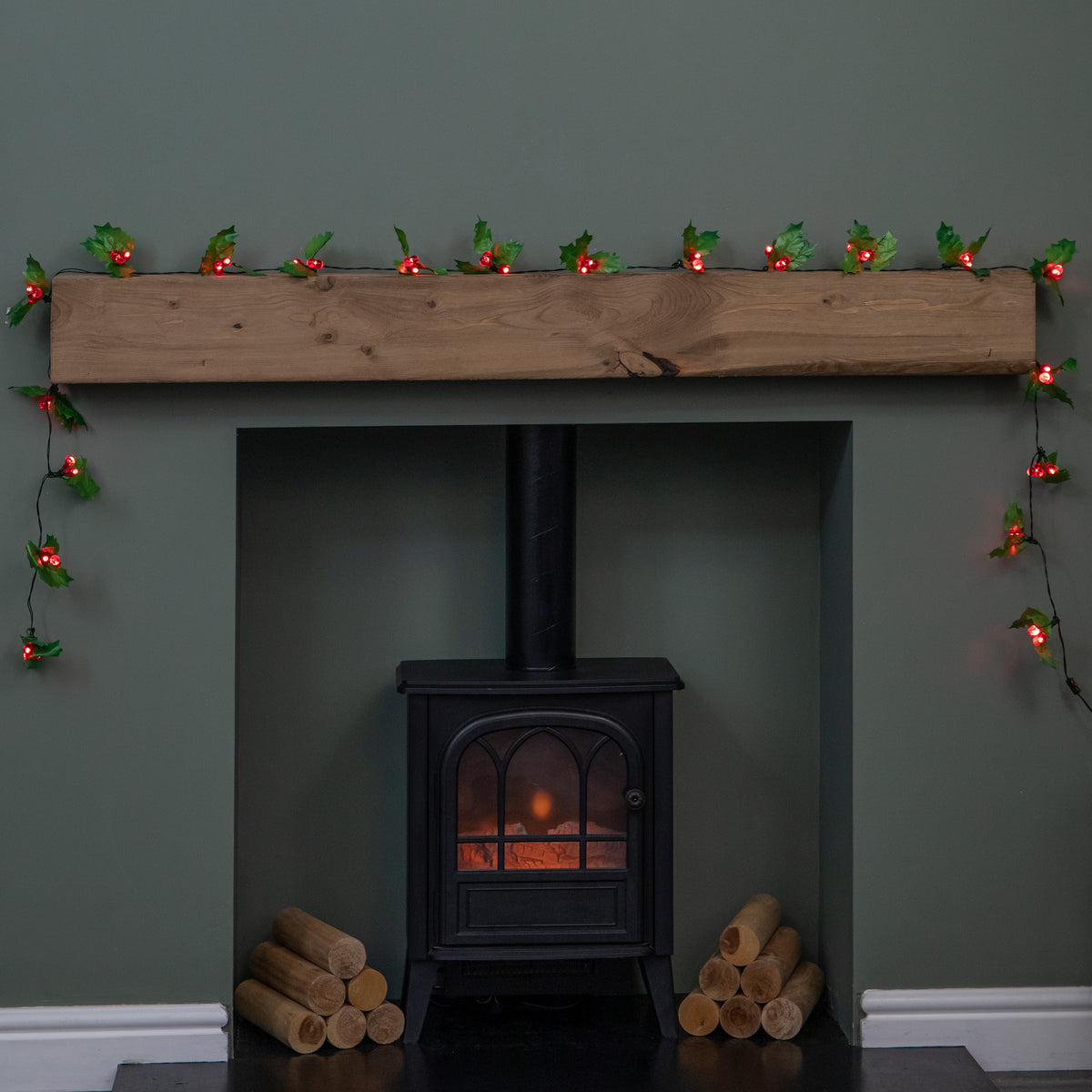 2.8m Christmas Holly Garland with Red Berries and 40 Red LEDs