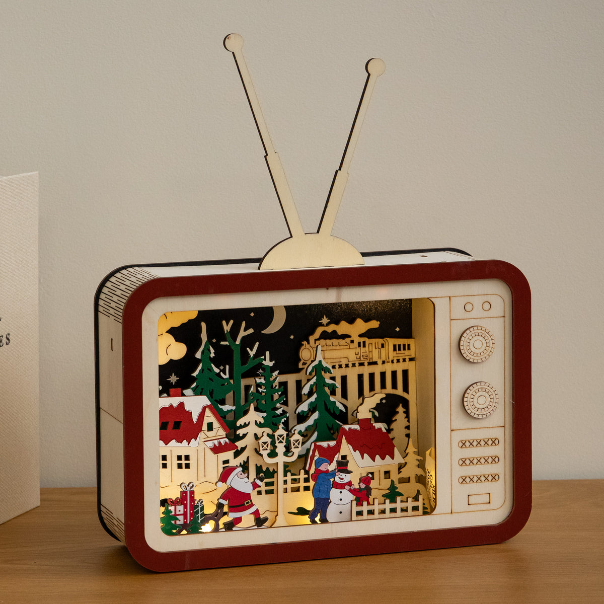 33cm Santa’s Tele Town Light Up Wooden Christmas Village Scene