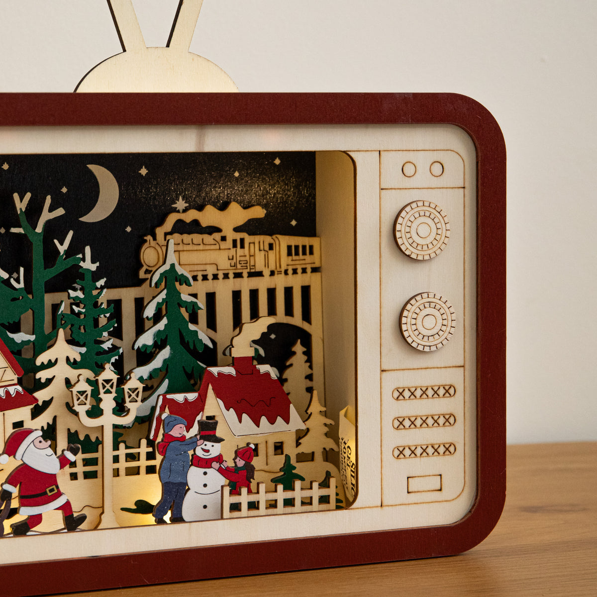 33cm Santa’s Tele Town Light Up Wooden Christmas Village Scene