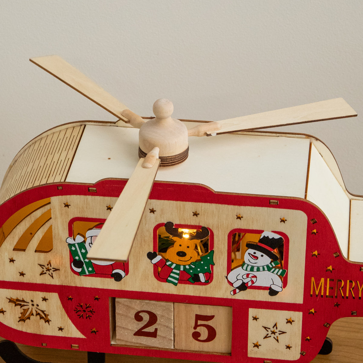 33cm Light Up Wooden Christmas Countdown Helicopter with Music & LEDs