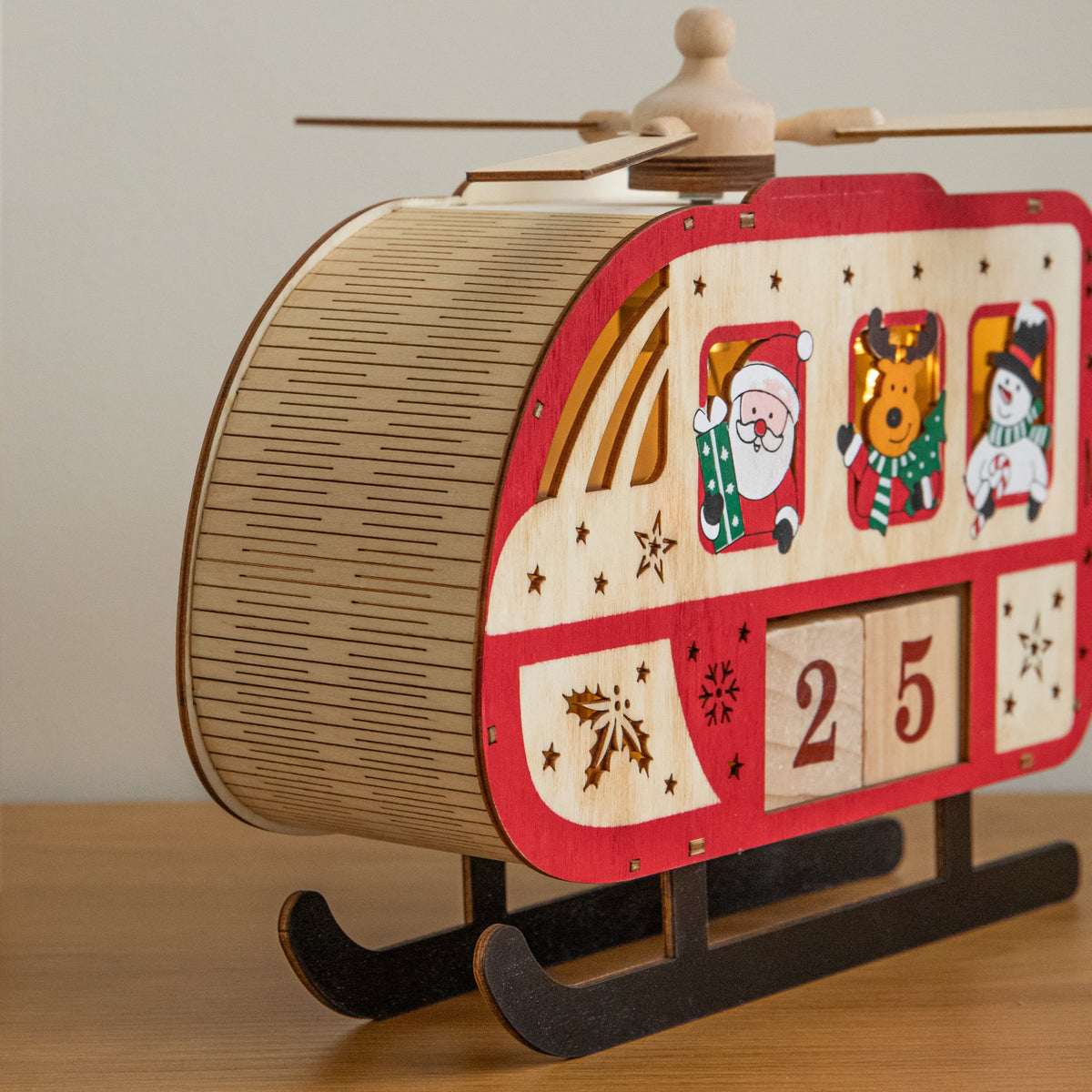 33cm Light Up Wooden Christmas Countdown Helicopter with Music & LEDs