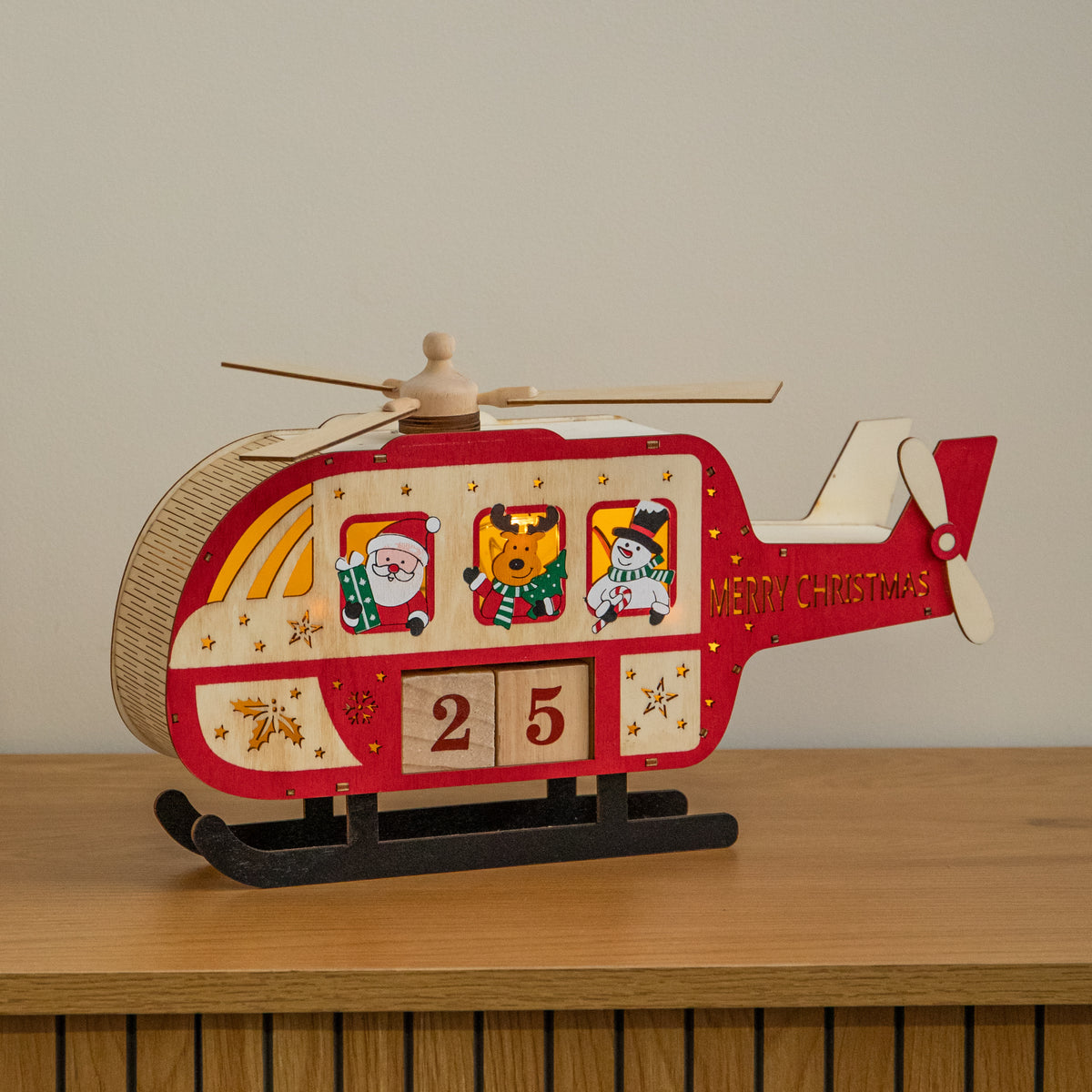 33cm Light Up Wooden Christmas Countdown Helicopter with Music & LEDs