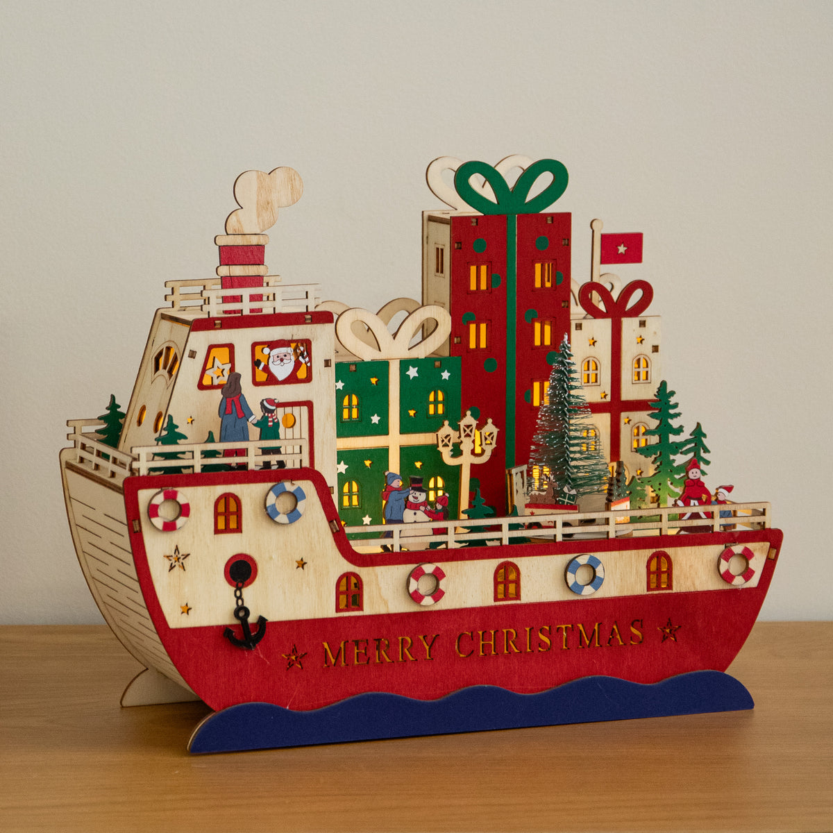 30cm Light Up S.S. Noel Wooden Christmas Boat Decoration with LEDs