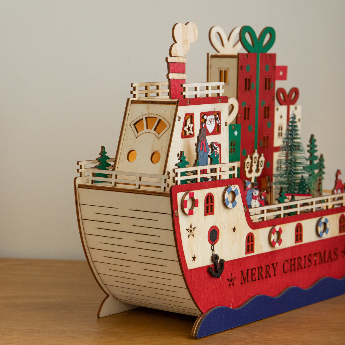 30cm Light Up S.S. Noel Wooden Christmas Boat Decoration with LEDs