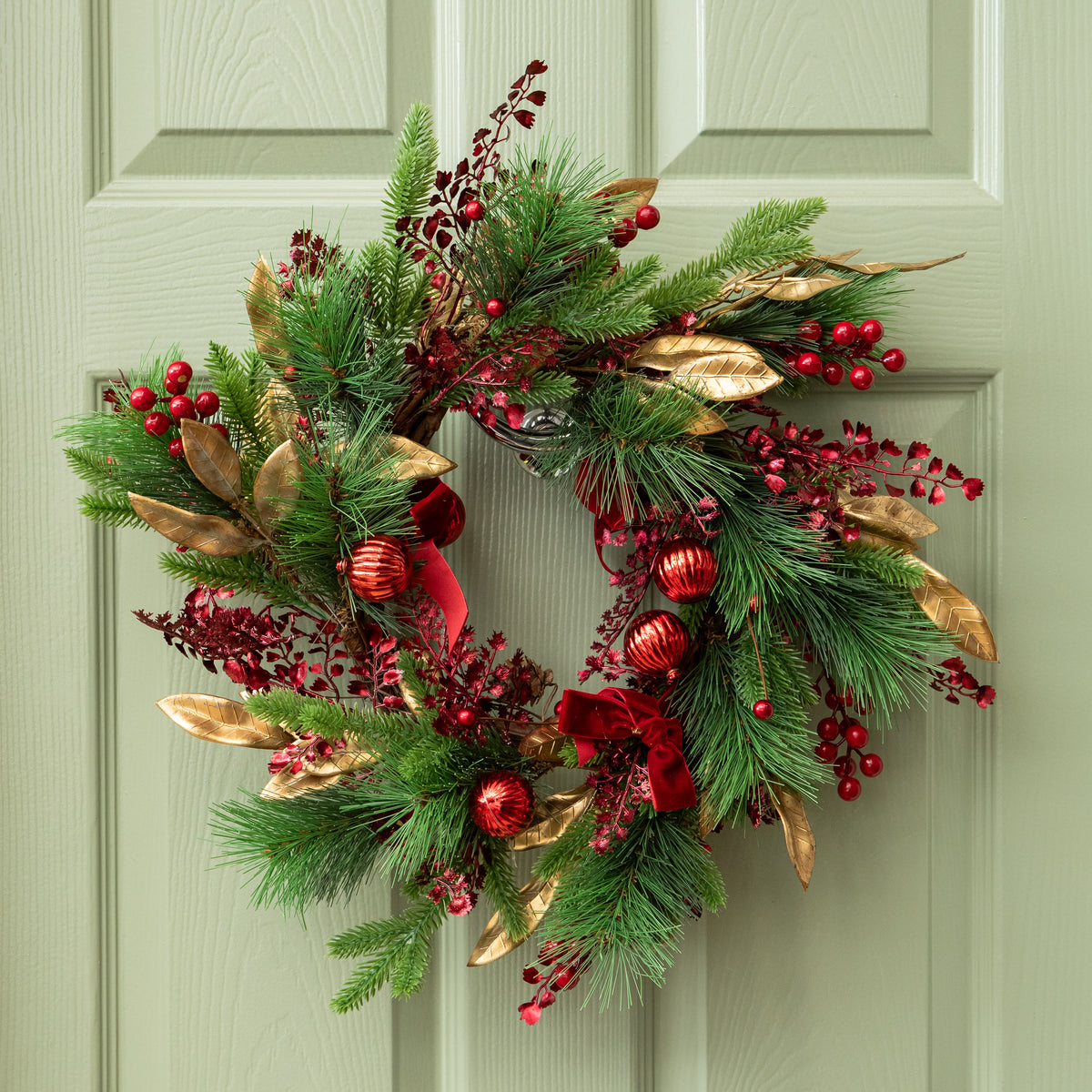 38cm Ruby Velvet Christmas Wreath with Red Baubles, Berries & Bows