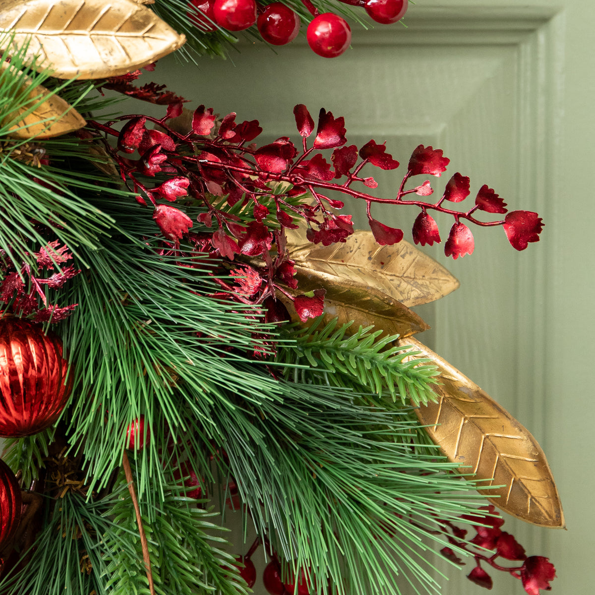 38cm Ruby Velvet Christmas Wreath with Red Baubles, Berries & Bows
