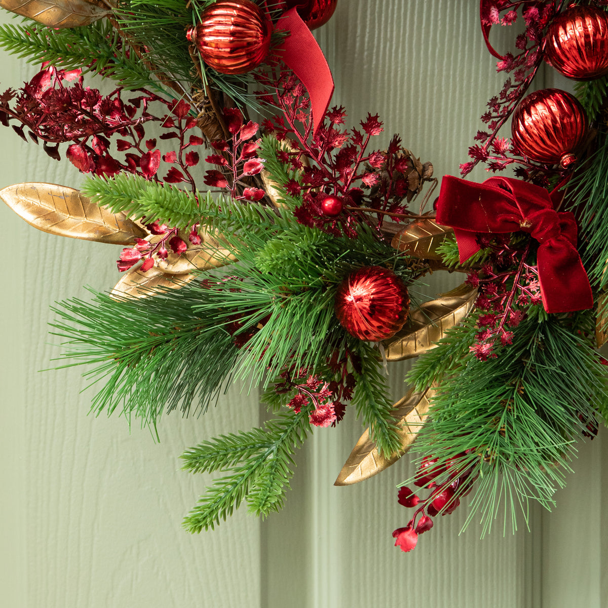 38cm Ruby Velvet Christmas Wreath with Red Baubles, Berries & Bows