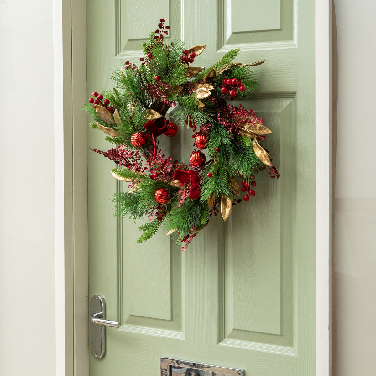 38cm Ruby Velvet Christmas Wreath with Red Baubles, Berries & Bows