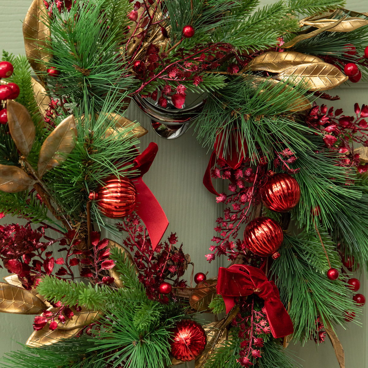 38cm Ruby Velvet Christmas Wreath with Red Baubles, Berries & Bows