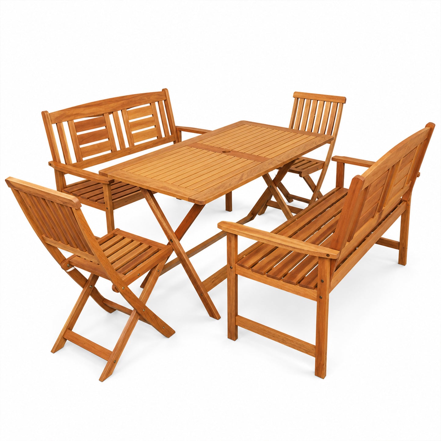 Outdoor 6 Person Folding Rectangular Wooden Garden Dining Table Chairs and 2 Benches Set