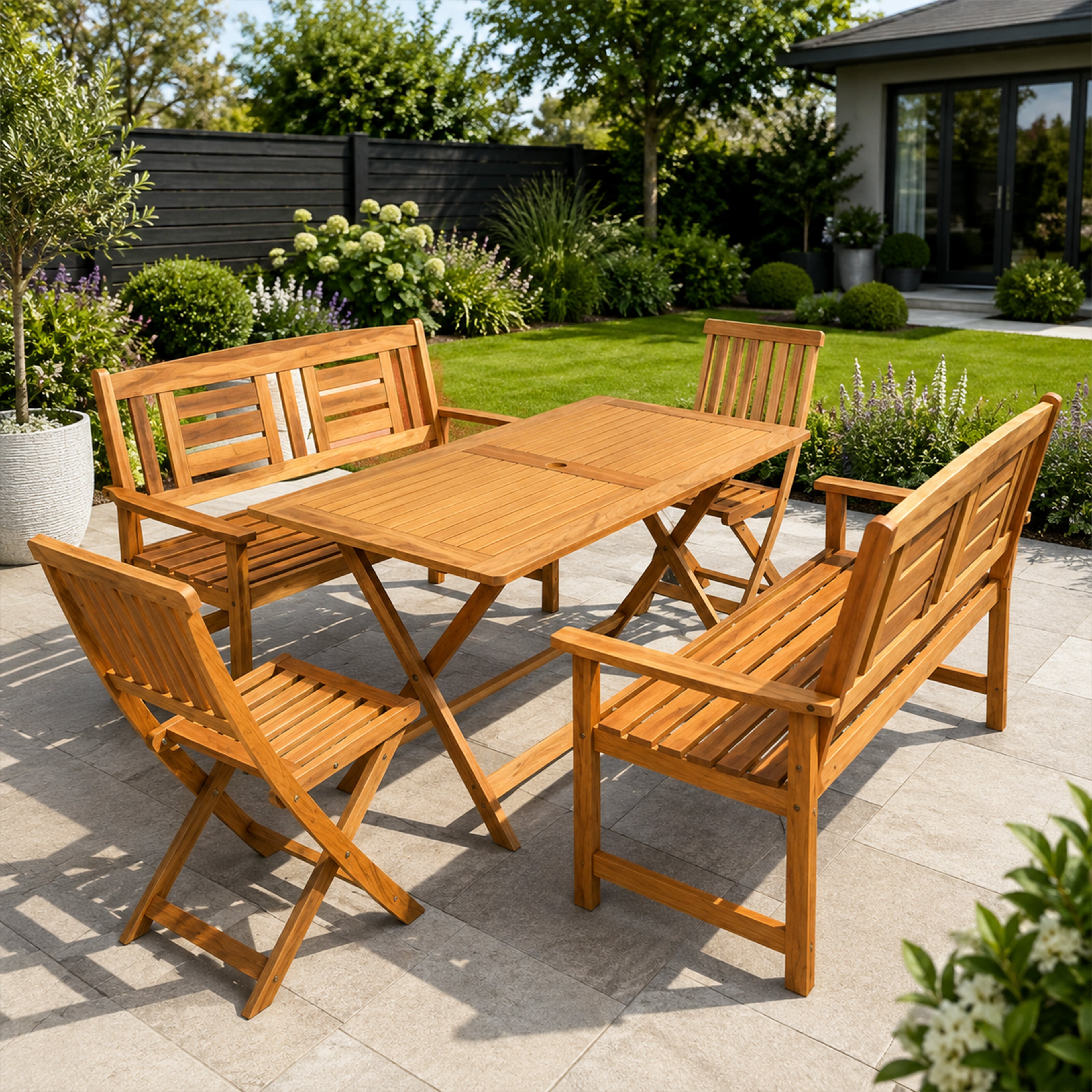 Outdoor 6 Person Folding Rectangular Wooden Garden Dining Table Chairs and 2 Benches Set