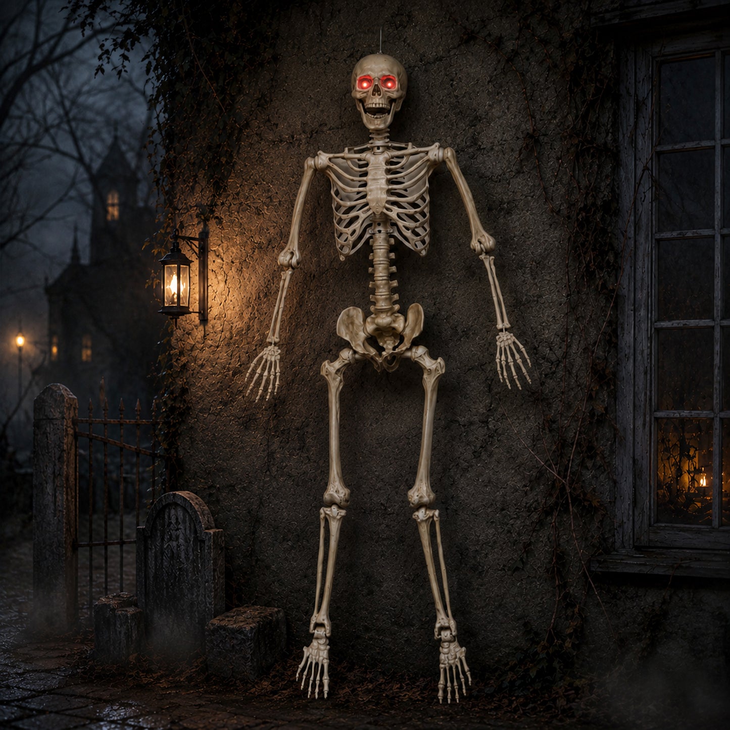 5ft (1.5m) Battery Powered Light up Halloween Skeleton with Poseable Joints & Red LEDs