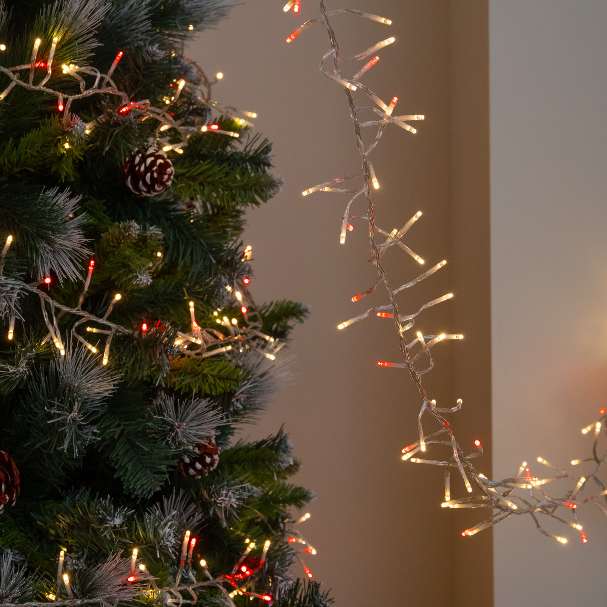 9.3m 720 LED ClusterBrights Christmas String Lights in Red & Warm White on Clear Cable