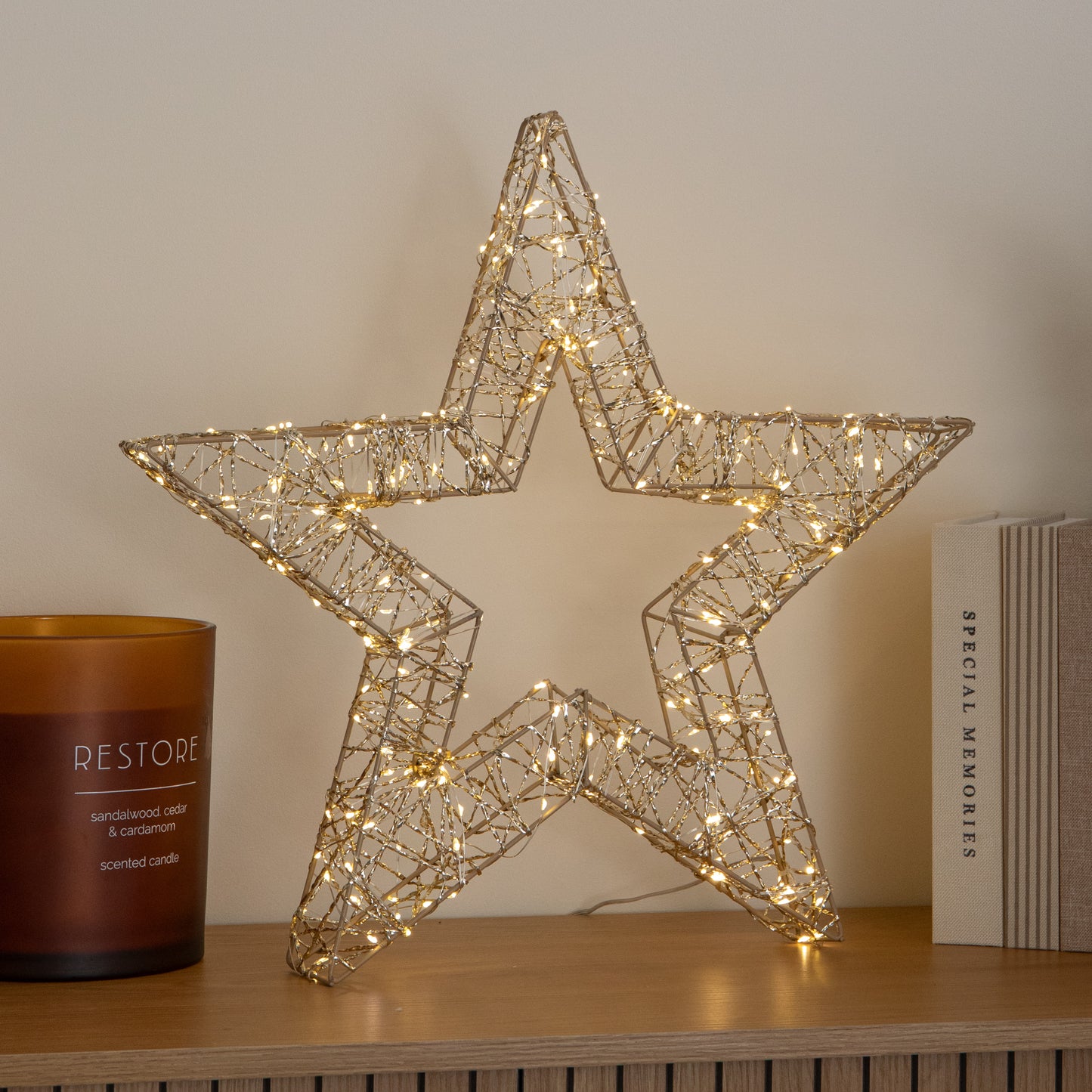 50cm Gold Light Up Christmas Star with 240 Warm White LEDs & Timer 