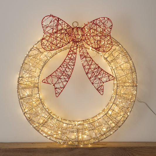 50cm Gold Light Up Christmas Wreath with 600 Warm White LEDs, Timer & Red Bow