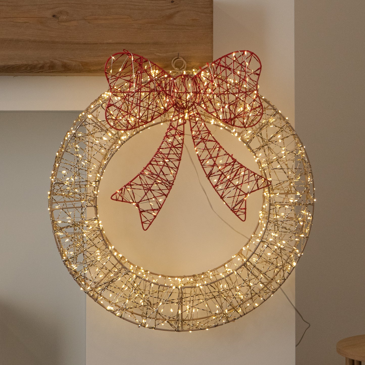 50cm Gold Light Up Christmas Wreath with 600 Warm White LEDs, Timer & Red Bow
