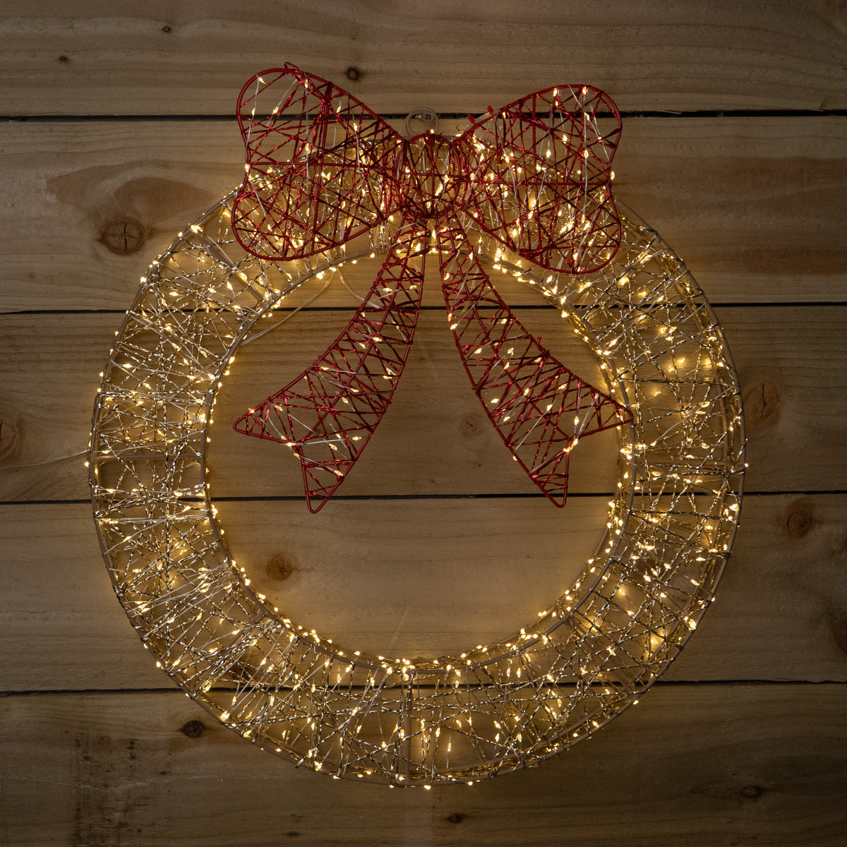 50cm Gold Light Up Christmas Wreath with 600 Warm White LEDs, Timer & Red Bow