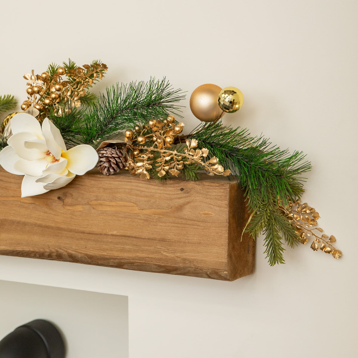 1.8m Champagne Magnolia Decorated Christmas Garland with Gold Baubles