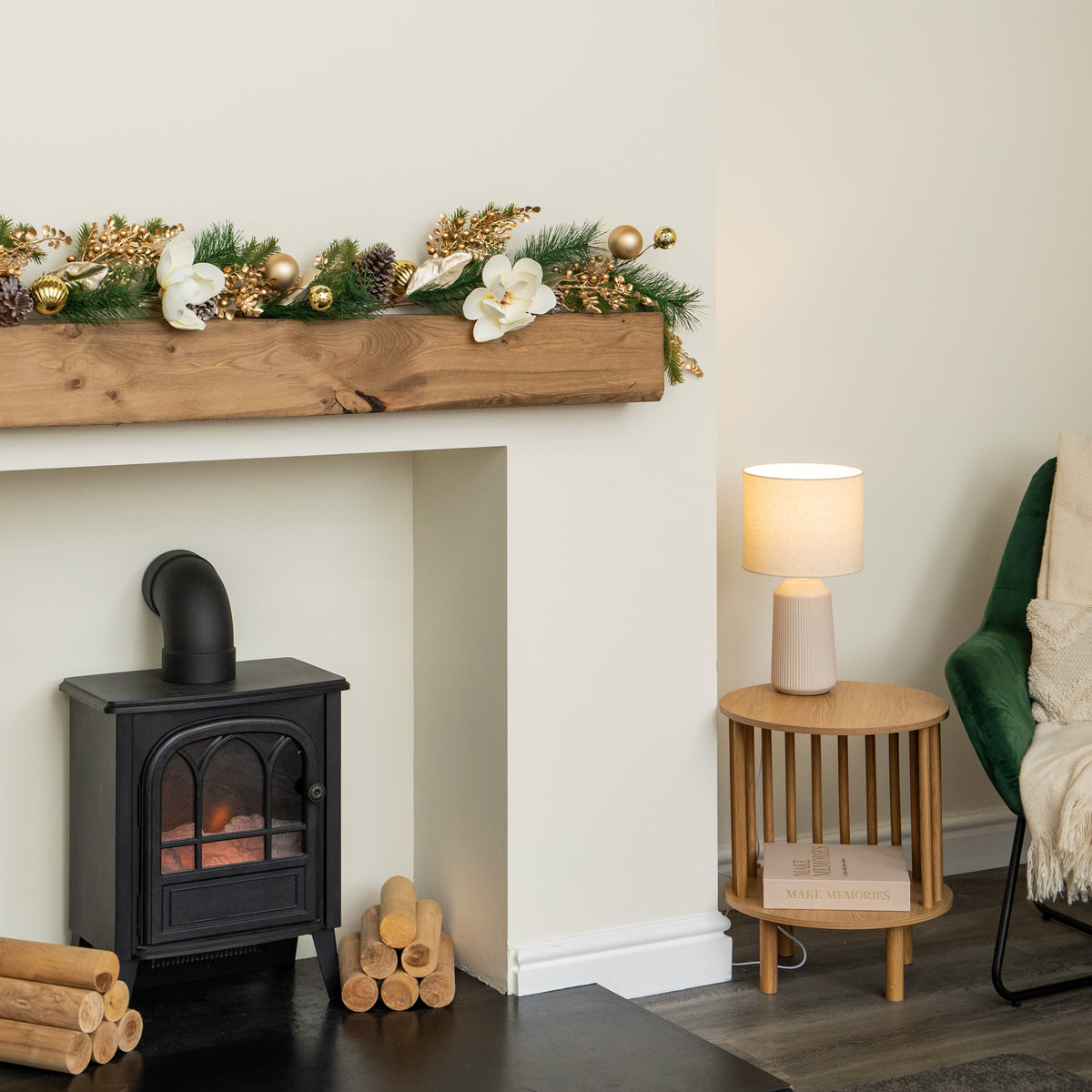1.8m Champagne Magnolia Decorated Christmas Garland with Gold Baubles