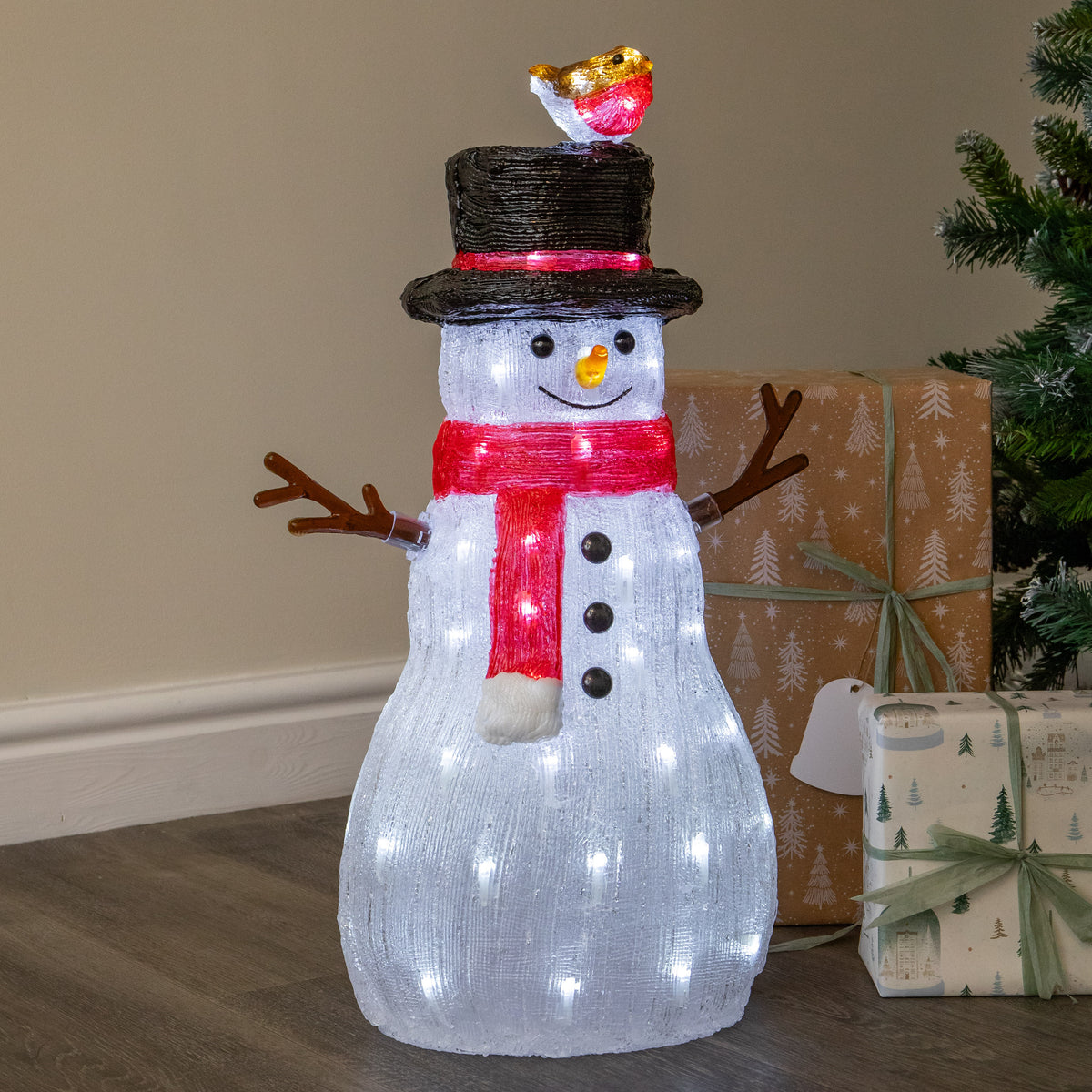 62cm Light Up Acrylic Christmas Snowman with Robin LED Decoration