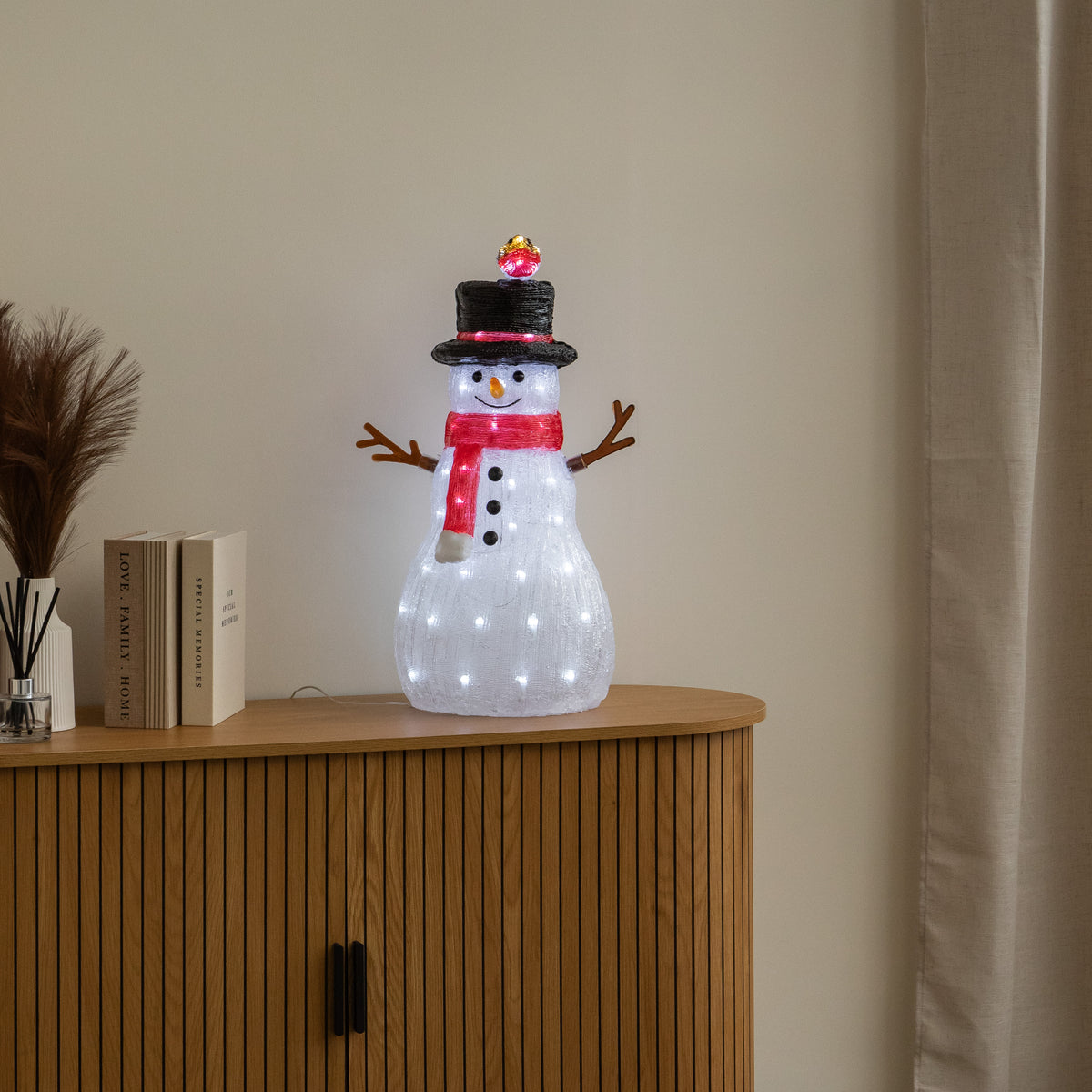62cm Light Up Acrylic Christmas Snowman with Robin LED Decoration