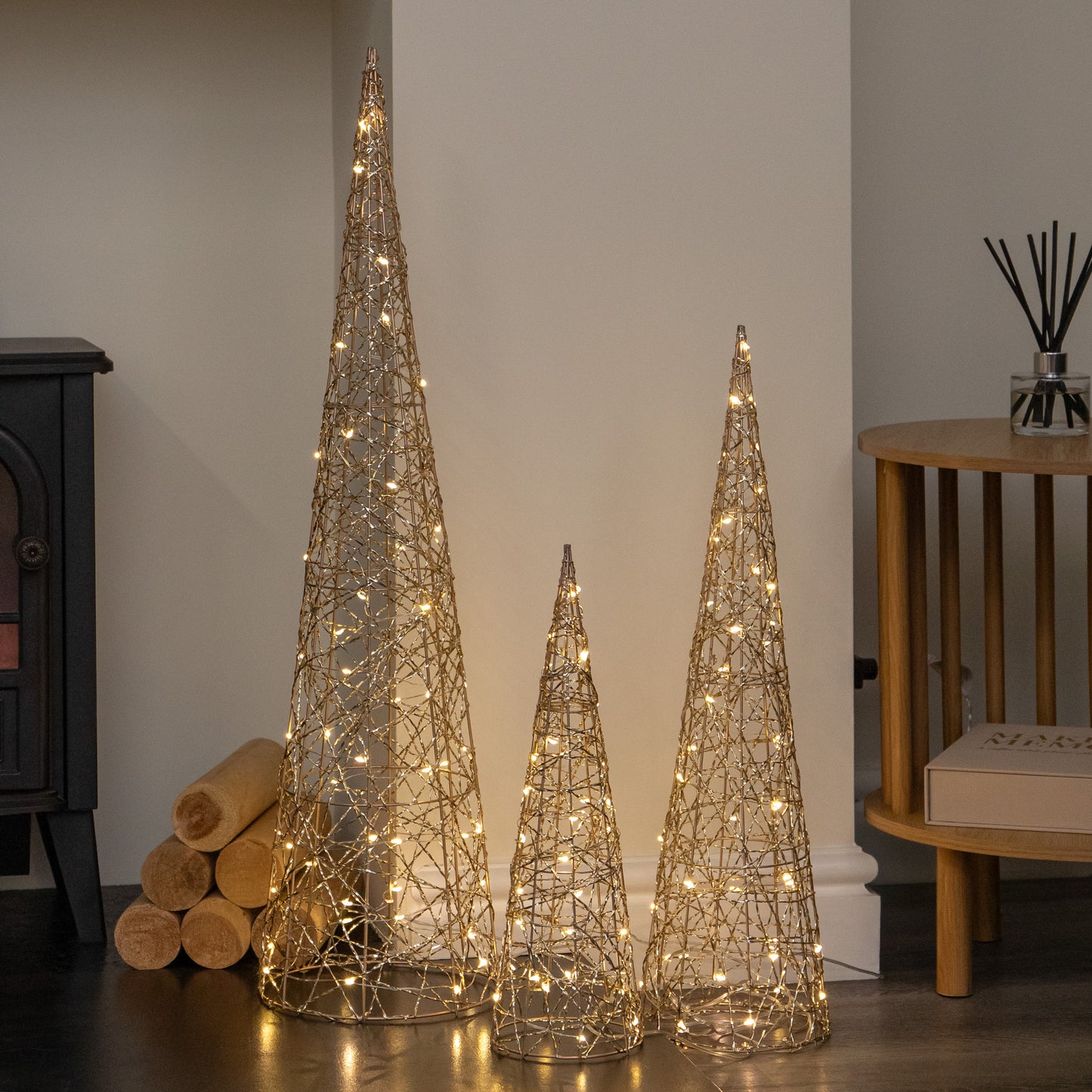 Set of 3 Gold Light Up Gold Christmas Cones Decorations with 120 Warm White LEDs