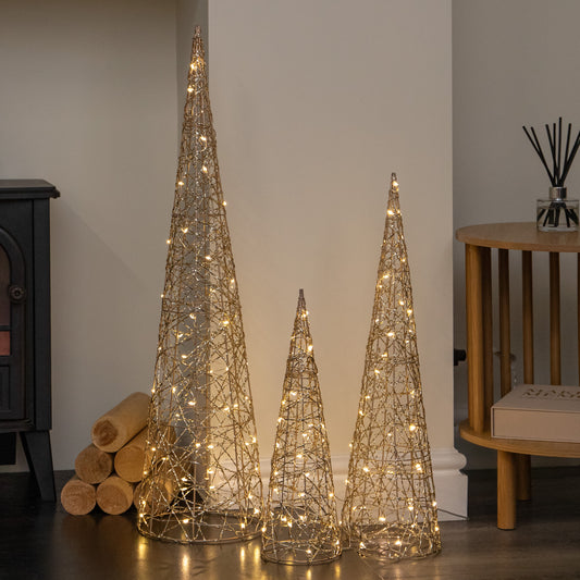 Set of 3 Gold Light Up Gold Christmas Cones Decorations with 120 Warm White LEDs