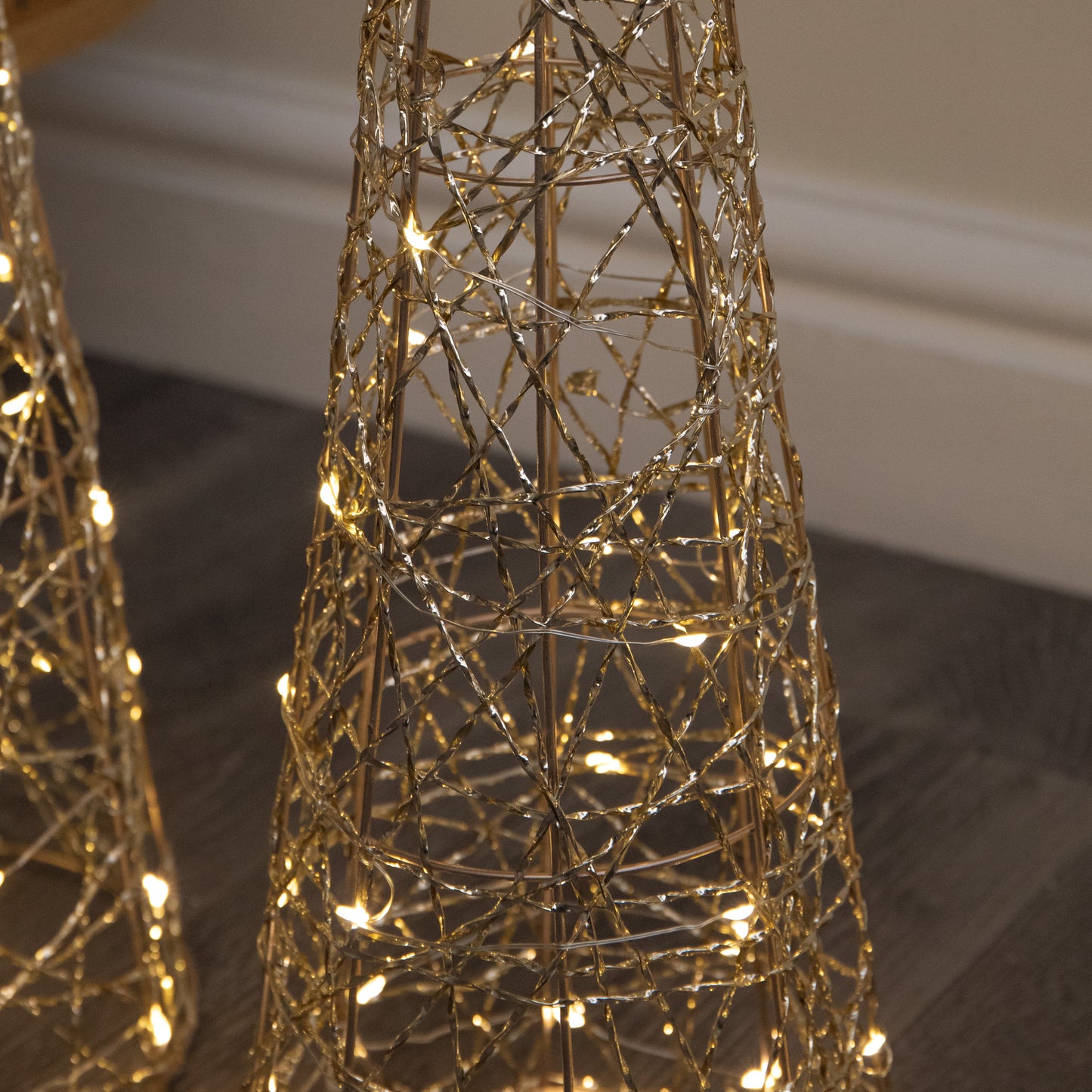 Set of 3 Gold Light Up Gold Christmas Cones Decorations with 120 Warm White LEDs