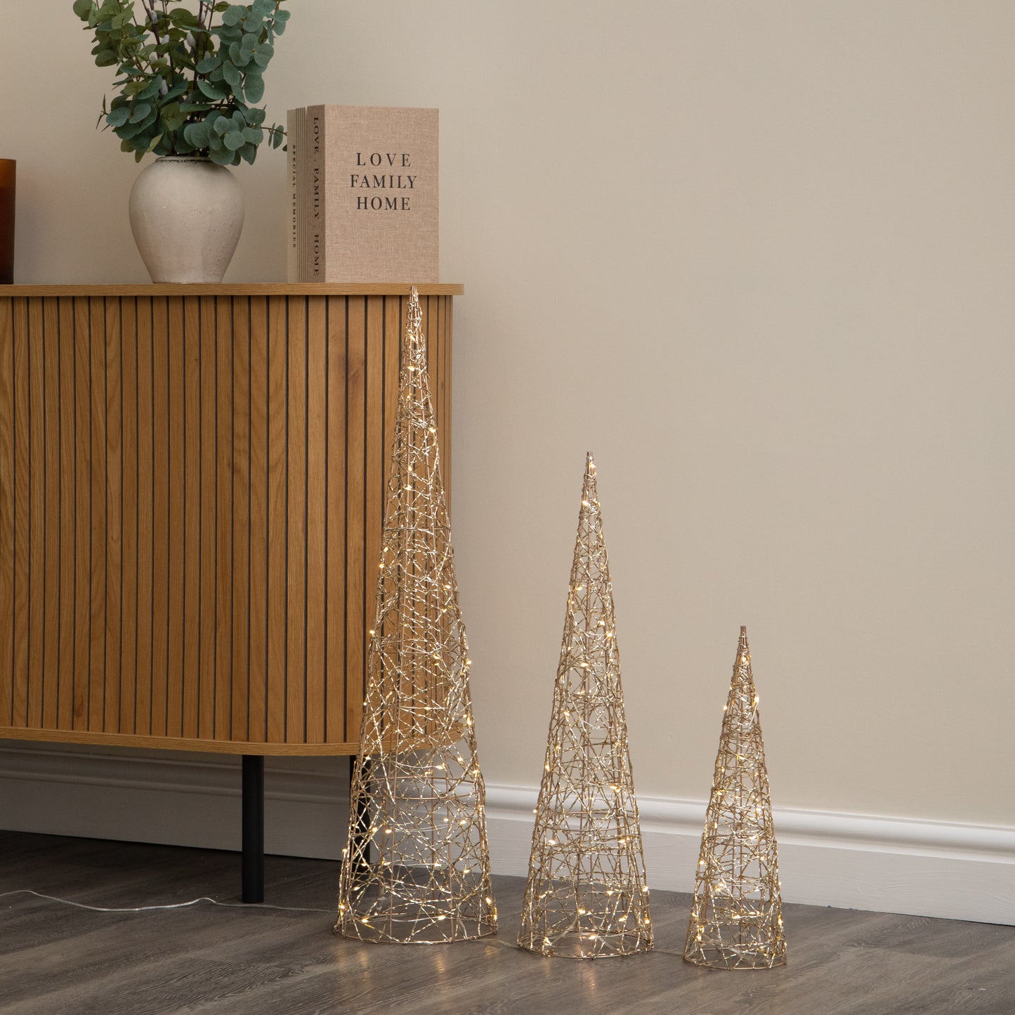 Set of 3 Gold Light Up Gold Christmas Cones Decorations with 120 Warm White LEDs