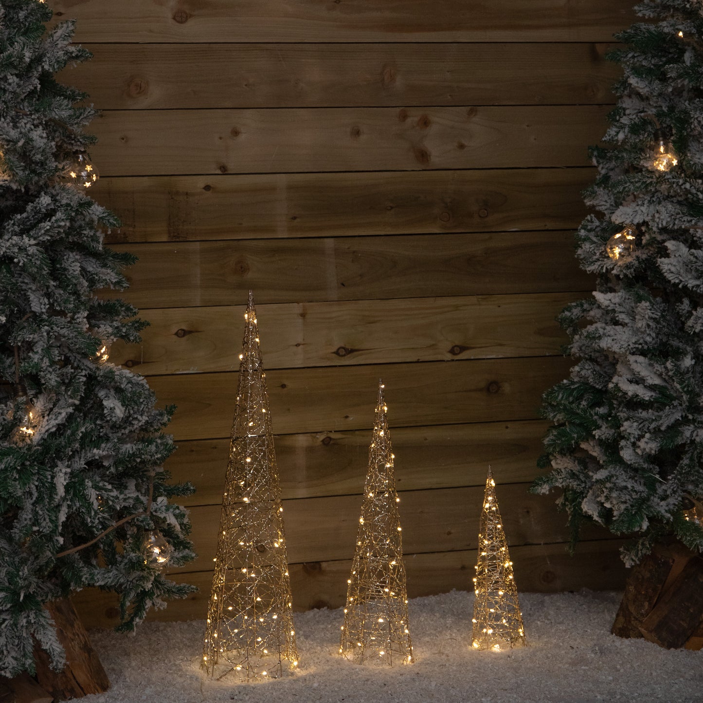 Set of 3 Gold Light Up Gold Christmas Cones Decorations with 120 Warm White LEDs