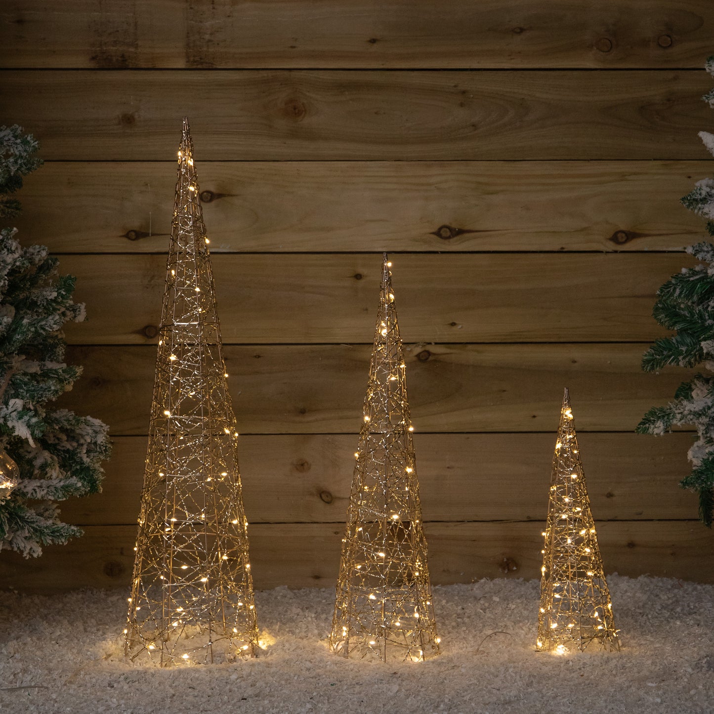 Set of 3 Gold Light Up Gold Christmas Cones Decorations with 120 Warm White LEDs