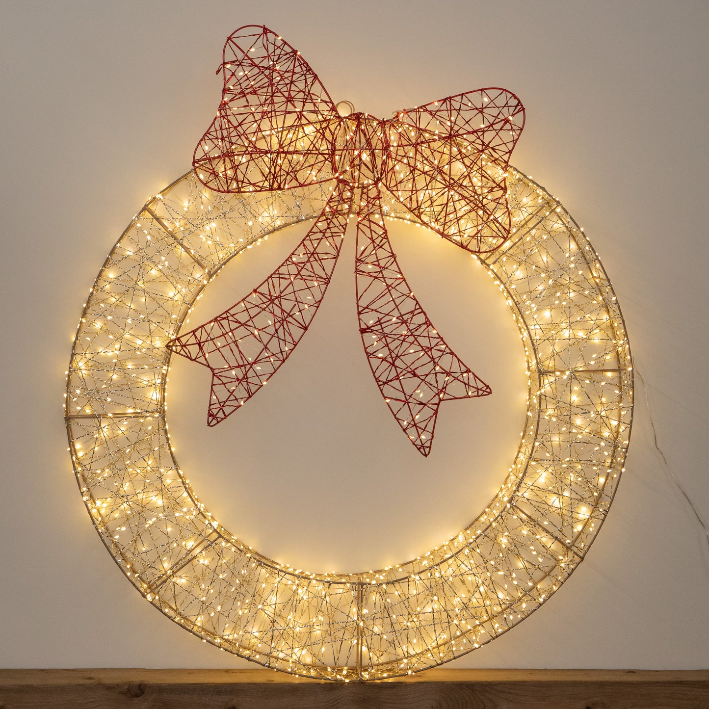 90cm Light up Gold Twist Christmas Wreath with Red Bow and 1440 Warm White LEDs