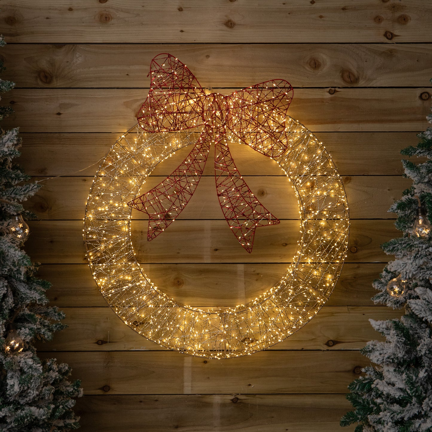 90cm Light up Gold Twist Christmas Wreath with Red Bow and 1440 Warm White LEDs
