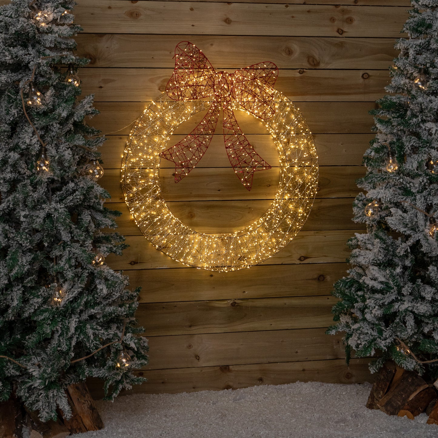 90cm Light up Gold Twist Christmas Wreath with Red Bow and 1440 Warm White LEDs