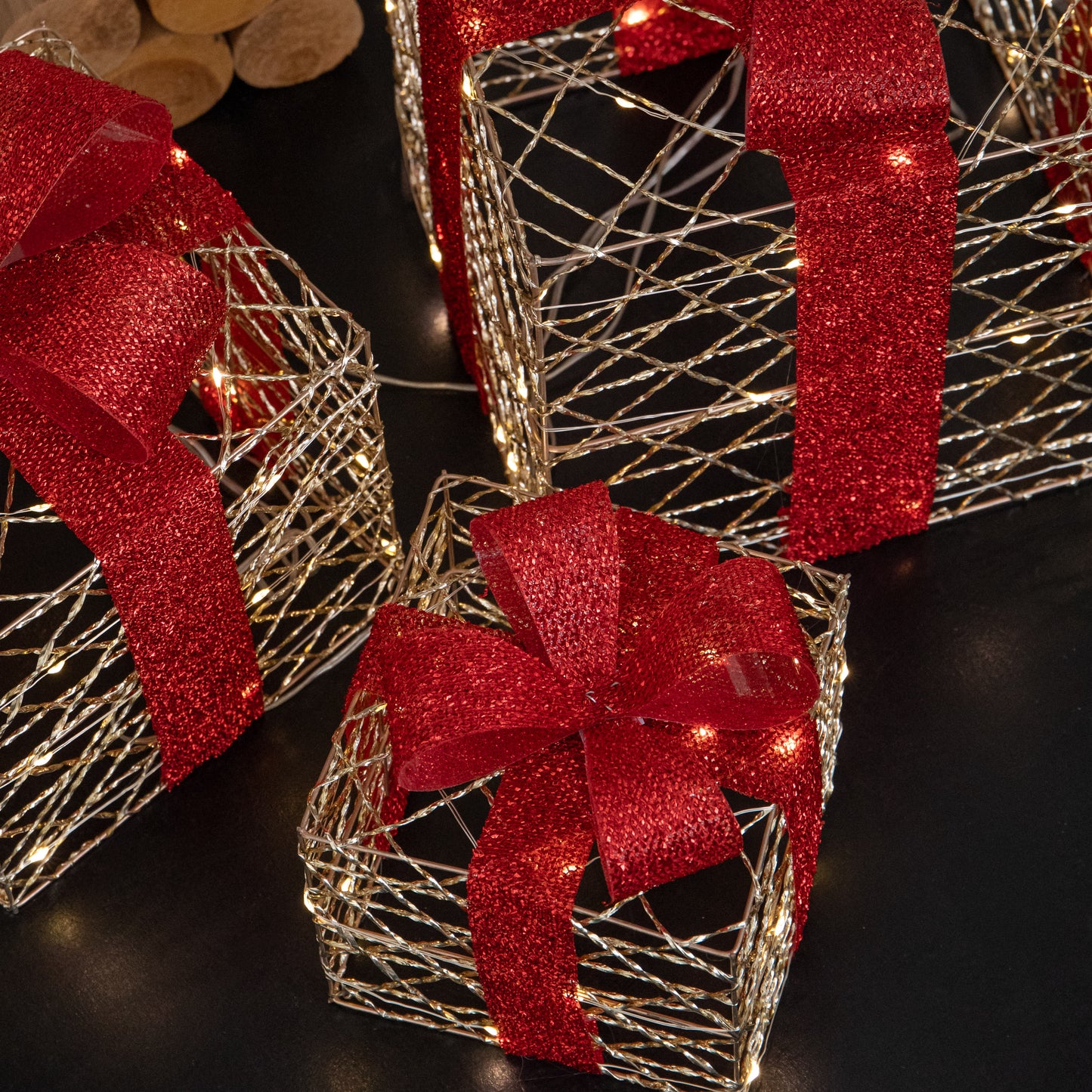 Set of 3 Gold Light Up Christmas Parcel Decorations with 90 Warm White LEDs