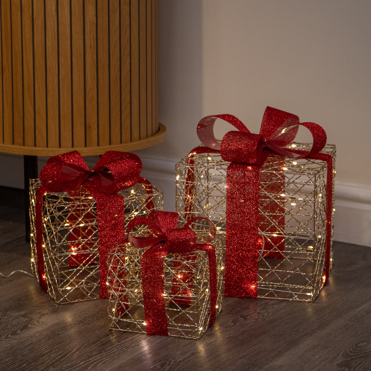 Set of 3 Gold Light Up Christmas Parcel Decorations with 90 Warm White LEDs
